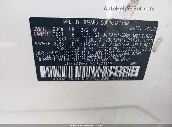4S4WMAJD1L3471109 2020 SUBARU ASCENT White Вид підкапотного простору