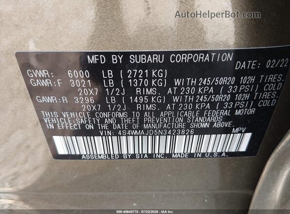 4S4WMAJD5N3423826 2022 SUBARU ASCENT Green Engine compartment view