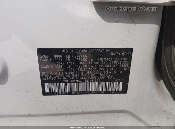 4S4WMAJD5N3431991 2022 SUBARU ASCENT White Widok komory silnika