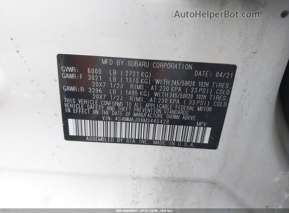 4S4WMAJD6M3445428 2021 SUBARU ASCENT White ძრავის განყოფილების ხედი