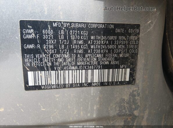 4S4WMAJD7K3467791 2019 SUBARU ASCENT Light Blue Widok komory silnika