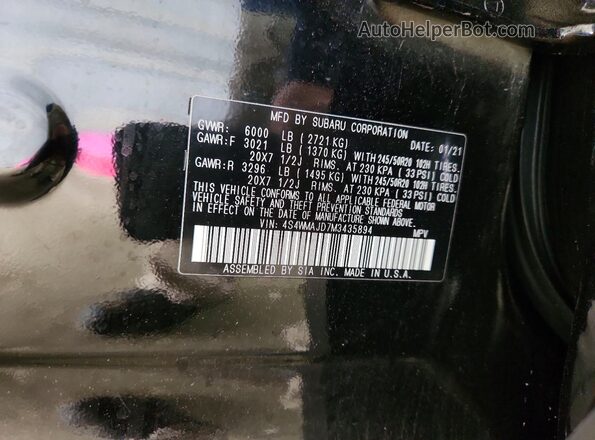 4S4WMAJD7M3435894 2021 SUBARU ASCENT Black Widok naklejki z numerem VIN