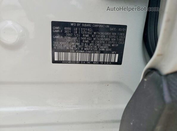 4S4WMAJDXM3437803 2021 SUBARU ASCENT White Widok naklejki z numerem VIN