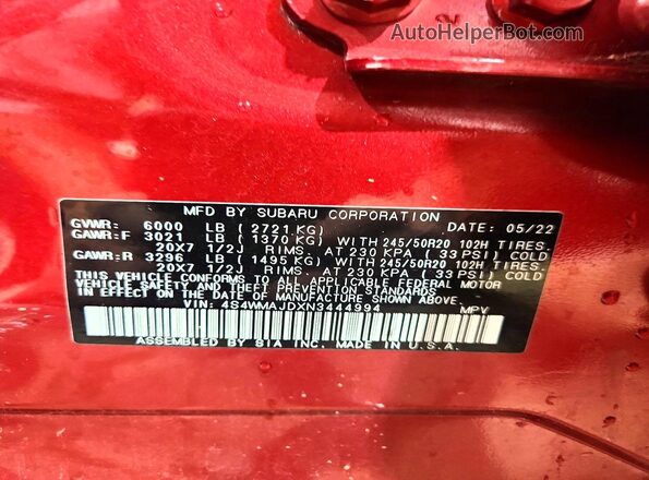 4S4WMAJDXN3444994 2022 SUBARU ASCENT Темно-бордовый Панорамный вид салона 360°