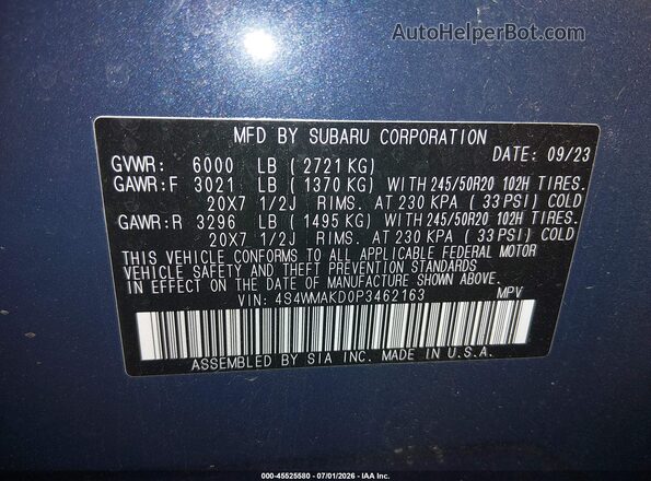 4S4WMAKD0P3462163 2023 SUBARU ASCENT Blue Vista del compartimento del motor