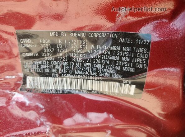 4S4WMAKD5P3407675 2023 SUBARU ASCENT Red VIN sticker view