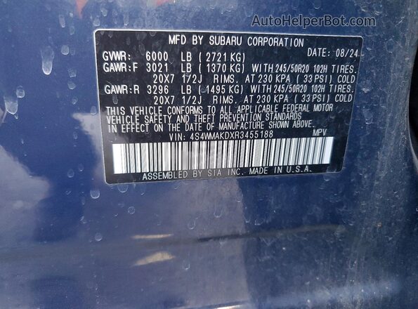4S4WMAKDXR3455188 2024 SUBARU ASCENT Blue VIN կոդի պիտակի տեսք