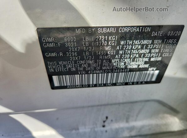 4S4WMALD1L3469468 2020 SUBARU ASCENT White Vista de la etiqueta del VIN