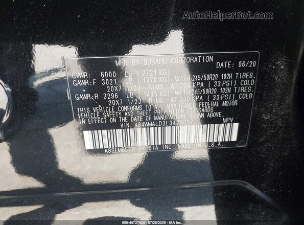 4S4WMALD3L3475627 2020 SUBARU ASCENT Black Շարժիչի բաժամունքի տեսք