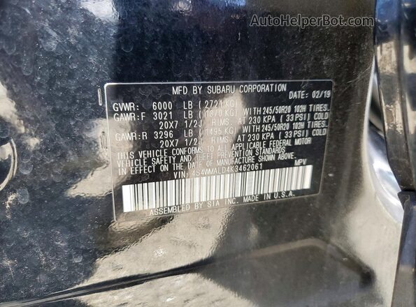 4S4WMALD4K3462061 2019 SUBARU ASCENT Black VIN կոդի պիտակի տեսք