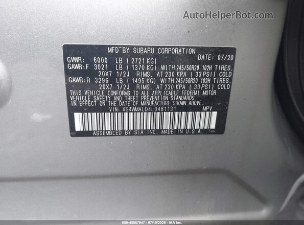 4S4WMALD4L3481131 2020 SUBARU ASCENT Silver ძრავის განყოფილების ხედი