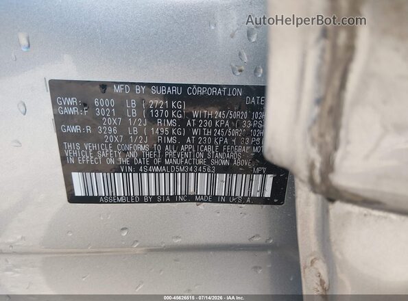 4S4WMALD5M3434563 2021 SUBARU ASCENT Silver ძრავის განყოფილების ხედი