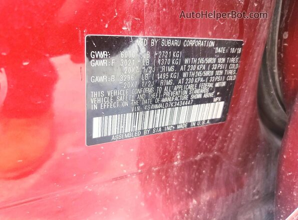 4S4WMALD7K3434447 2019 SUBARU ASCENT Red Widok komory silnika