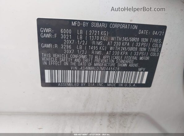 4S4WMALD7M3445628 2021 SUBARU ASCENT Белый Вид подкапотного пространства