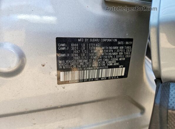 4S4WMALD7M3460355 2021 SUBARU ASCENT Серебряный Вид наклейки с VIN-кодом