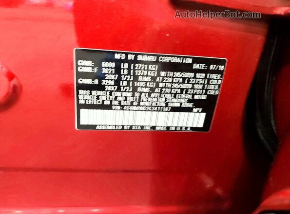 4S4WMAMD2K3411107 2019 SUBARU ASCENT Red Вид наклейки з VIN-кодом