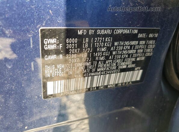4S4WMAMD4K3404823 2019 SUBARU ASCENT Blue Vista de la etiqueta del VIN