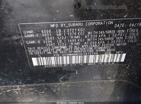4S4WMAMD4K3472748 2019 SUBARU ASCENT Black ძრავის განყოფილების ხედი