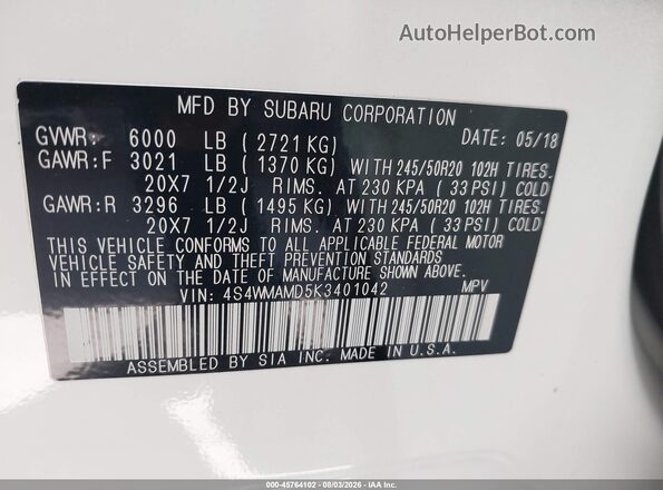 4S4WMAMD5K3401042 2019 SUBARU ASCENT White Շարժիչի բաժամունքի տեսք