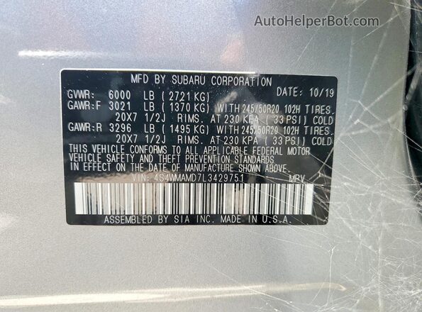 4S4WMAMD7L3429751 2020 SUBARU ASCENT Silver VIN sticker view
