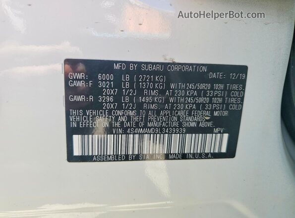 4S4WMAMD9L3439939 2020 SUBARU ASCENT Белый Вид наклейки с VIN-кодом