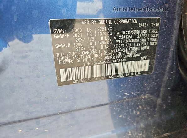 4S4WMAMDXL3422440 2020 SUBARU ASCENT Синий Вид наклейки с VIN-кодом