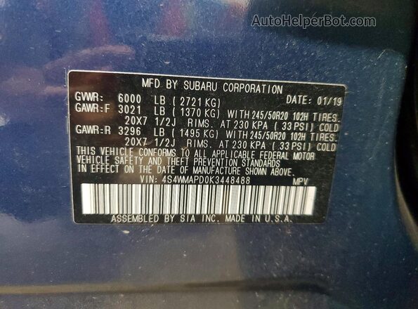 4S4WMAPD0K3448488 2019 SUBARU ASCENT Blue Vista de la etiqueta del VIN