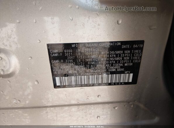 4S4WMAPD0K3472936 2019 SUBARU ASCENT Silver Widok komory silnika