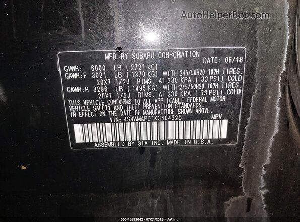 4S4WMAPD1K3404225 2019 SUBARU ASCENT Black ძრავის განყოფილების ხედი