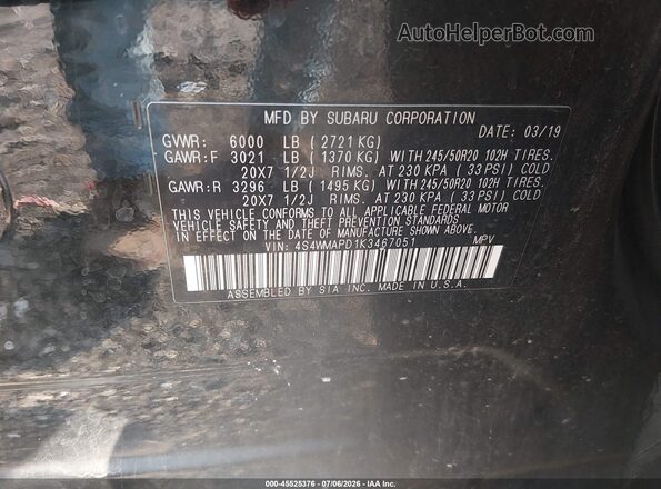 4S4WMAPD1K3467051 2019 SUBARU ASCENT Черный Вид подкапотного пространства
