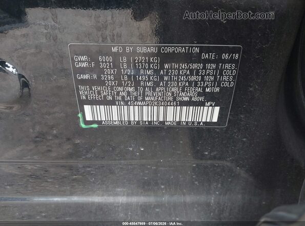 4S4WMAPD2K3404461 2019 SUBARU ASCENT Black ძრავის განყოფილების ხედი