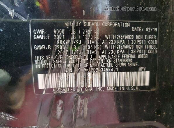 4S4WMAPD2K3457421 2019 SUBARU ASCENT Black Շարժիչի բաժամունքի տեսք