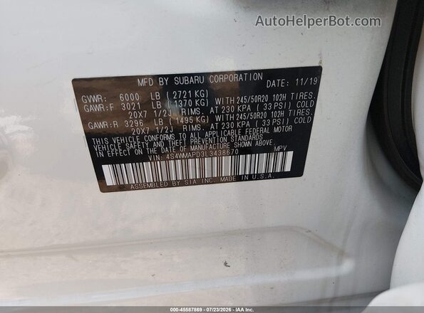 4S4WMAPD3L3438670 2020 SUBARU ASCENT White Engine compartment view