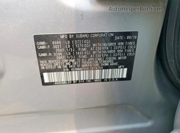 4S4WMAPD4L3419769 2020 SUBARU ASCENT Silver Вид наклейки з VIN-кодом