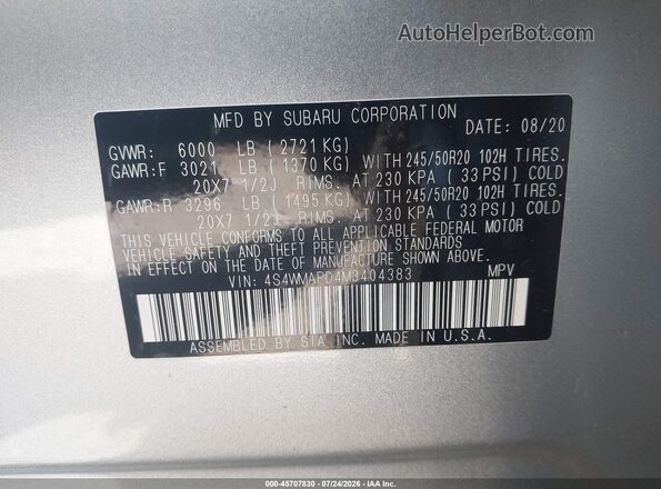 4S4WMAPD4M3404383 2021 SUBARU ASCENT Silver Vista del compartimento del motor