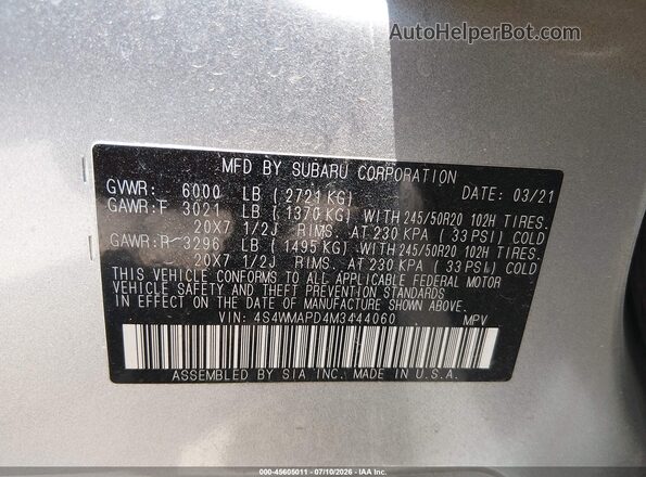 4S4WMAPD4M3444060 2021 SUBARU ASCENT Silver Widok komory silnika