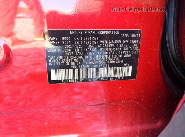 4S4WMAPD4M3474398 2021 SUBARU ASCENT Burgundy VIN კოდის სტიკერის ხედი