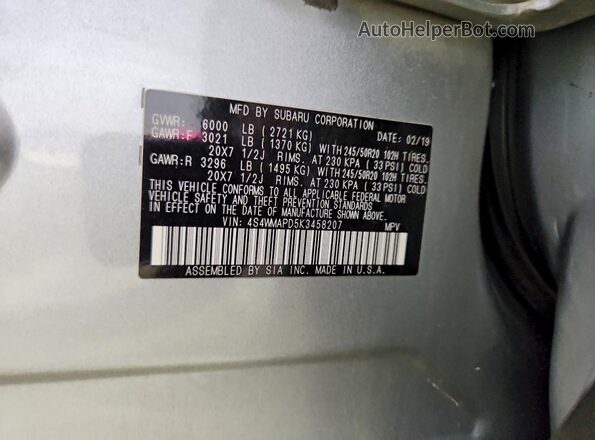 4S4WMAPD5K3458207 2019 SUBARU ASCENT Серебряный Вид наклейки с VIN-кодом