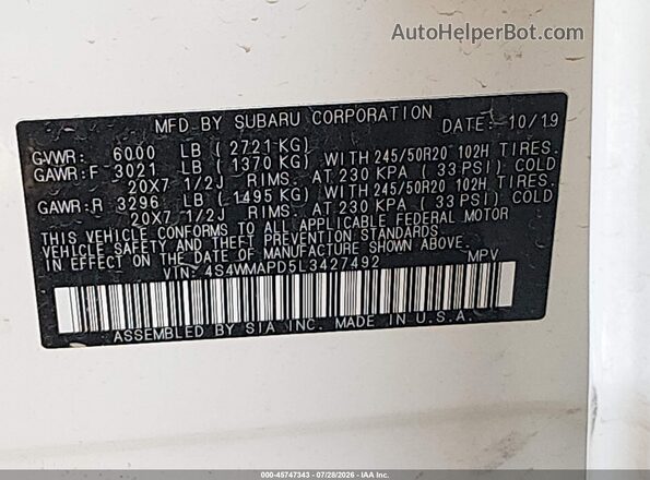 4S4WMAPD5L3427492 2020 SUBARU ASCENT White Widok komory silnika