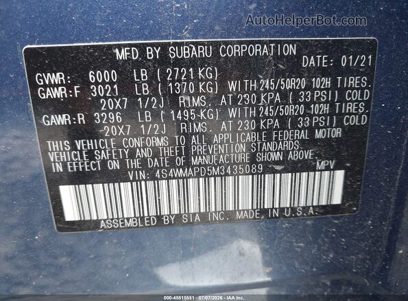 4S4WMAPD5M3435089 2021 SUBARU ASCENT Blue ძრავის განყოფილების ხედი