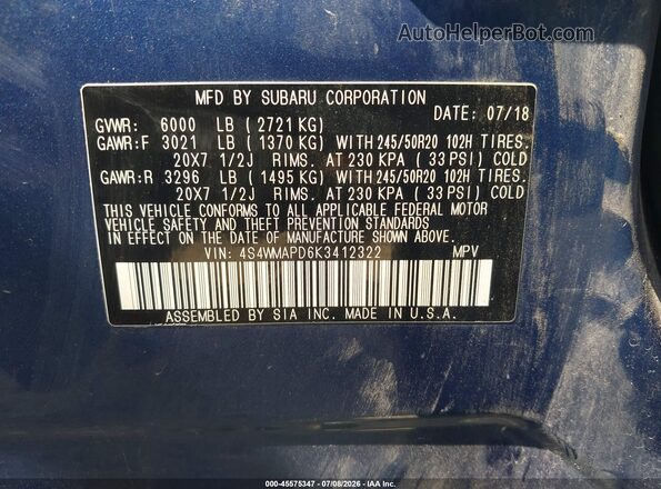 4S4WMAPD6K3412322 2019 SUBARU ASCENT Blue Vista del compartimento del motor