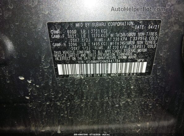 4S4WMAPD6M3447784 2021 SUBARU ASCENT Серый Вид подкапотного пространства
