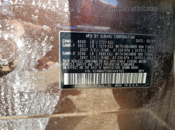 4S4WMAPD6M3449163 2021 SUBARU ASCENT Brown Widok naklejki z numerem VIN