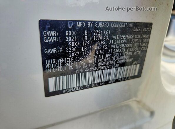 4S4WMAPD6N3419288 2022 SUBARU ASCENT White VIN կոդի պիտակի տեսք