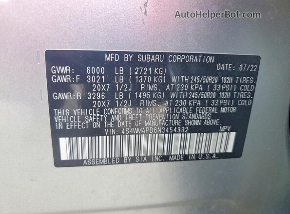 4S4WMAPD6N3454932 2022 SUBARU ASCENT Серебряный Вид наклейки с VIN-кодом