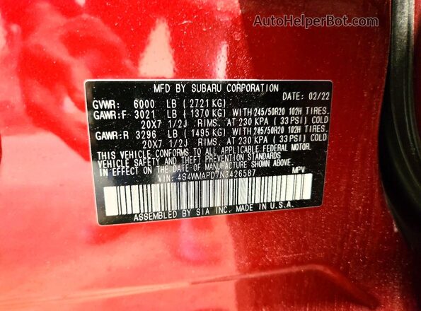 4S4WMAPD7N3426587 2022 SUBARU ASCENT Burgundy Vista de la etiqueta del VIN