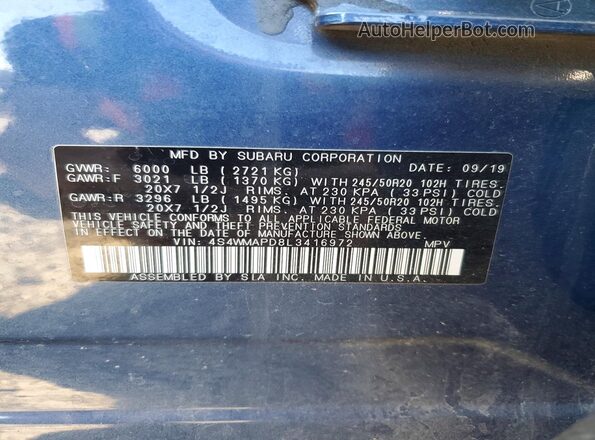 4S4WMAPD8L3416972 2020 SUBARU ASCENT Blue VIN կոդի պիտակի տեսք