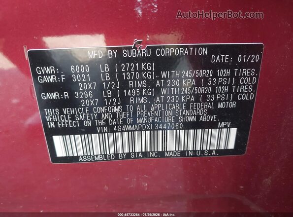 4S4WMAPDXL3447060 2020 SUBARU ASCENT Red ძრავის განყოფილების ხედი