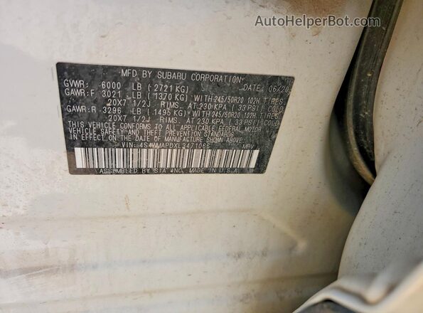 4S4WMAPDXL3471066 2020 SUBARU ASCENT White VIN კოდის სტიკერის ხედი