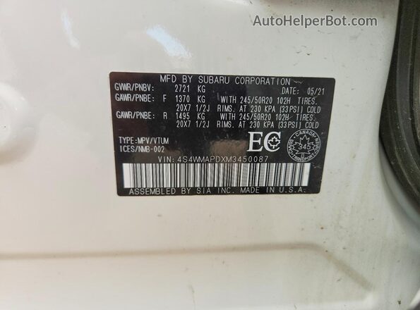 4S4WMAPDXM3450087 2021 SUBARU ASCENT White VIN კოდის სტიკერის ხედი
